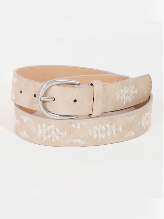 Boutique Brand Accessories - Women's Beige Embroidered Leather Like Belt with Silver Buckle